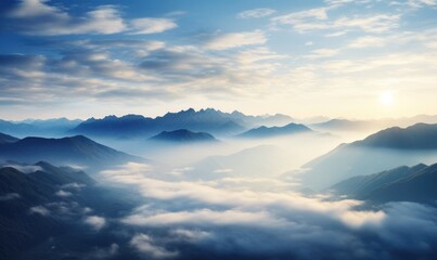 Misty mountain layers hidden in clouds
