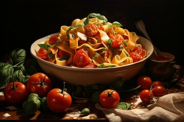 Traditional Italian pasta dish. Tomato dinner meal. Generate Ai - obrazy, fototapety, plakaty