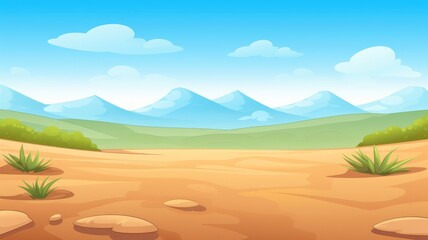 cartoon desert scene with dunes, mountains, and a sky dotted with fluffy clouds