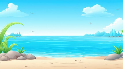 Fototapeta na wymiar cartoon beach scene with gentle waves, clear skies, and distant mountains