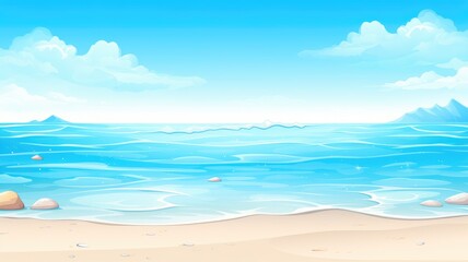 cartoon beach scene with gentle waves, clear skies, and distant mountains