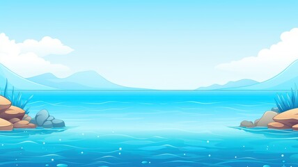Obraz na płótnie Canvas cartoon beach scene with gentle waves, clear skies, and distant mountains