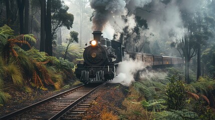 A vintage steam locomotive chugging along a misty railway track, its blackened iron body emitting puffs of white steam against a backdrop of dense forest foliage. - obrazy, fototapety, plakaty