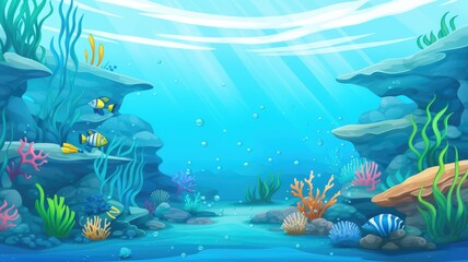 Naklejka na ściany i meble cartoon underwater cartoon with colorful corals, fish, and glistening water