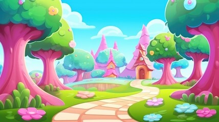 cartoon landscape with colorful trees and a winding path