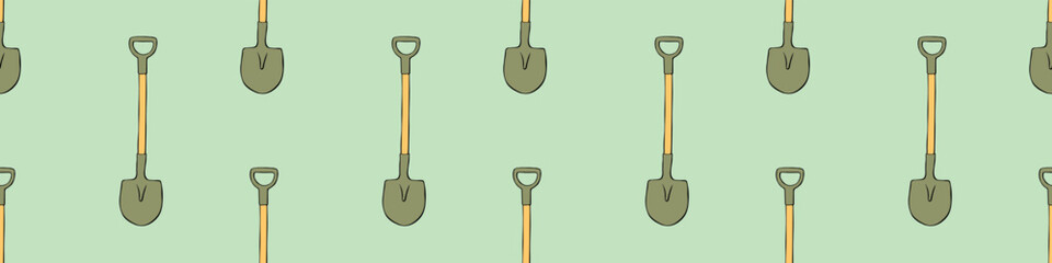 Seamless pattern with garden shovels, spades, scoops. Vector backgrounds and textures with tools for working on the farm, in dacha, country site in flat doodle style
