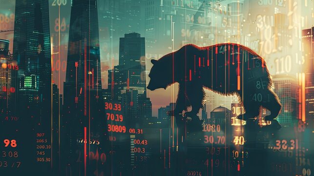 a bear shadow looming over a cityscape with stock tickers reflecting negative growth