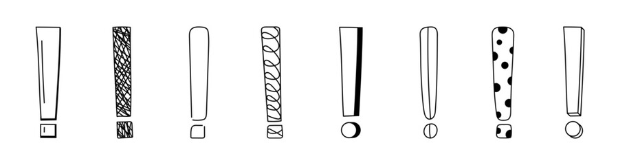 Doodle exclamation mark hand drawn sketch vector illustration set isolated on white background. Collection of various exclamation marks attention punctuation black and white freehand scribble symbols.