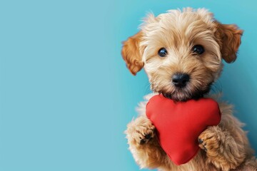 Cute Pup Holding Heart Shape Against Solid Background, AI Generative
