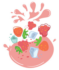 Ripe strawberry, raspberry and ice cubes with splashes of juice. Vector illustration of organic fruit juice. Eco label concept for natural strawberry and raspberry flavor with ice.