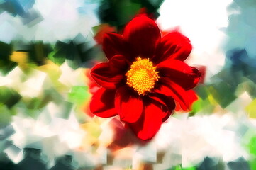 Photo painting, illustrated photo with oil painting effect. red dahlia flower,