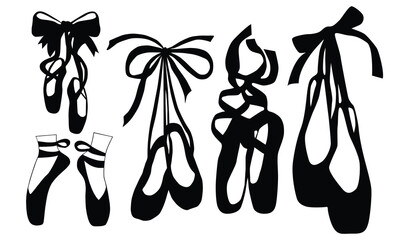 Pointe shoes bundle stencil template silhouette set of ballet shoes in classic positions isolated on white background © Creative Artist