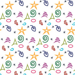 Set of designs of colored primitive shapes. Seamless color pattern on a white background. Creative collection of abstract art for kids or holiday design. Simple children's drawings with a textured pri