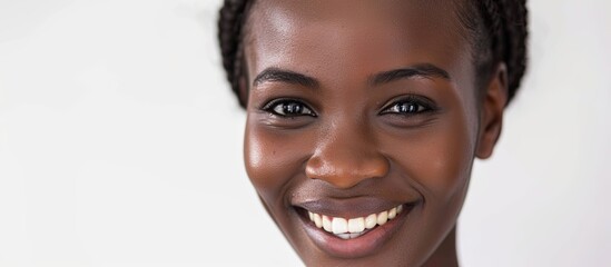 A joyful womans closeup face with a big smile, showcasing her nose, jawline, eyelashes, ears, and...