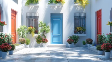 Simple entrance of buildings in s row, 3d icon, flat color. Generative AI.