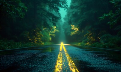 Vibrant Green-Lit Night Road, Stunning 3D Illustration