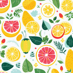 Vibrant tropical fruits and leaves pattern illustra