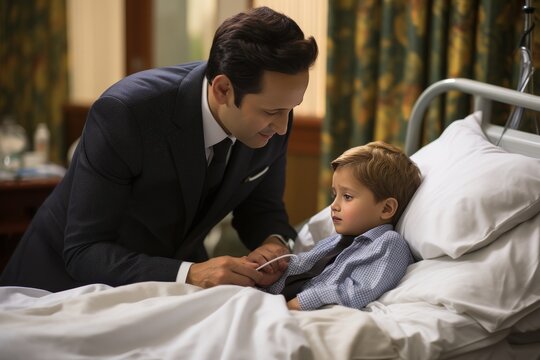 Young Boy in Hospital Bed With Man in Suit
