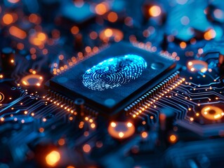 A fingerprint on a microchip, symbolized by digital technology to enhance cybersecurity and privacy - obrazy, fototapety, plakaty