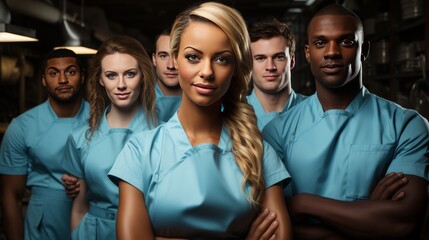 Group of Healthcare Workers Posing in Scrubs - Powered by Adobe