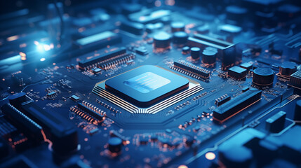 Close-up of a computer circuit board showing electronic components and microchips