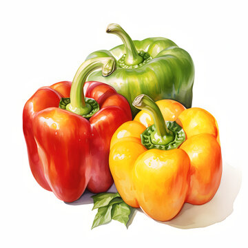  Bell pepper, vegetable, watercolor illustration, single object, white background for removing background.