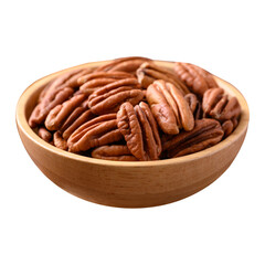 Raw peeled pecan nuts in wooden bowl 