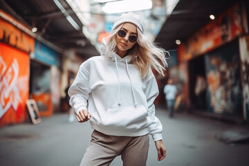 A young girl dressed in urban clothing, with pants and sweatshirt posing on the street - obrazy, fototapety, plakaty