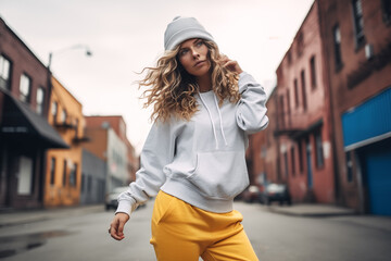A young girl dressed in urban clothing, with pants and sweatshirt posing on the street - 762146391