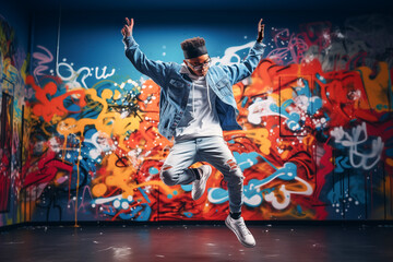 Young boy dressed in colorful urban clothing, sneakers and cap dancing in the street with graffiti behind