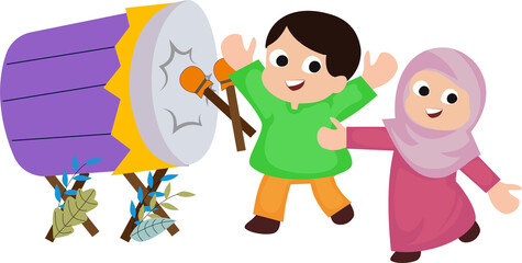 cute cartoon muslim boy and girl greeting happy eid mubarak