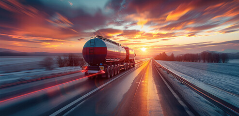 White and red oil tanker driving through rural road, sunrise, motion blur. Generative AI. - obrazy, fototapety, plakaty