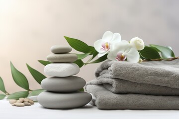 Fototapeta na wymiar Stack of soft grey towels with fresh orchids