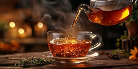 a pot of black tea poured into a glass cup, healthy drink, morning drink