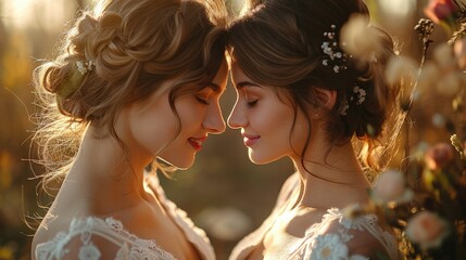 A lesbian wedding with a unique theme, such as a vintage carnival or a fairy-tale forest. The couple. Generative AI.