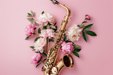 
trendy jazz themed background with golden saxophone and peonies on a pastel pink background