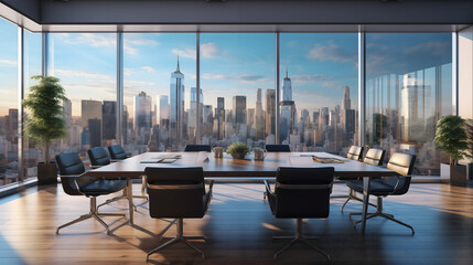Office interior with chairs, tables, and a view of the sea, blending business and luxury in a sleek, modern design