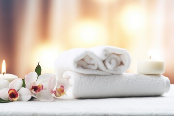 Fototapeta na wymiar Spa concept - stacked soft towels with white flowers