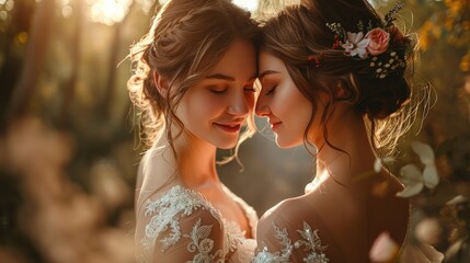 A lesbian wedding with a unique theme, such as a vintage carnival or a fairy-tale forest. The couple. Generative AI. - obrazy, fototapety, plakaty