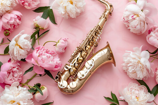 
trendy jazz themed background with golden saxophone and peonies on a pastel pink background