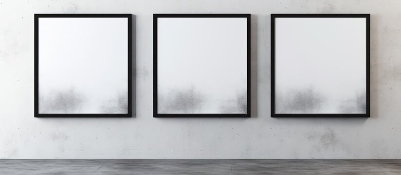 Three rectangular grey frames hang on a white wall, creating a monochrome photography display. The frames are parallel, adding symmetry and depth to the artistic arrangement
