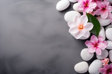 Spa concept with pebbles and vibrant flowers on grey background. Copyspace