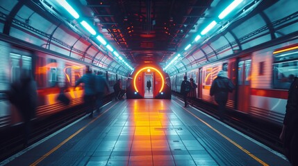Fototapeta na wymiar Busy Subway Station Platform With Commuters Walking