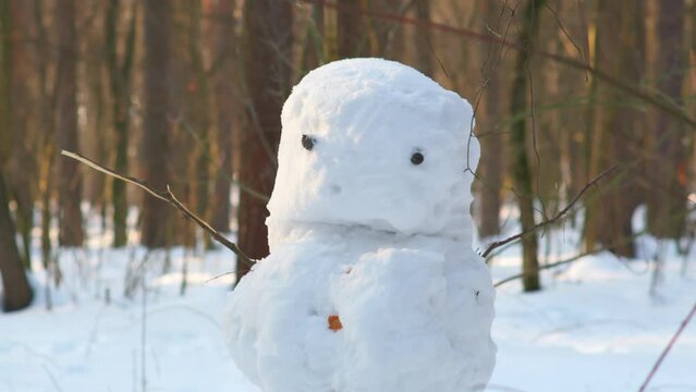 A clumsy, sad snowman in the park against the background of trees. Winter depression symbol.