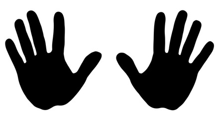 Black silhouettes of the left and right palms on a white background. The prints of both hands. Easily scalable vector illustration, isolated.