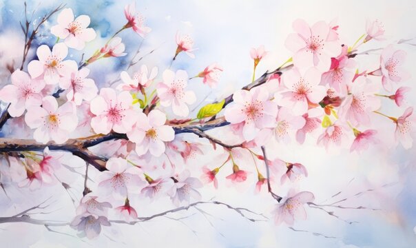 Colorful art watercolor painting depicting various cherry blossoms, spring concept 