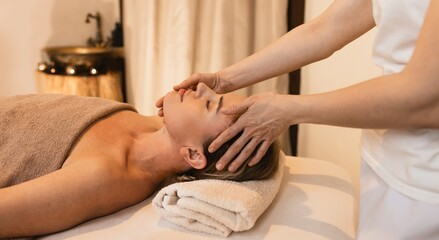 Fototapeta na wymiar Head massage therapy. Adult woman enjoying head massage at wellness spa for anti-stress treatment