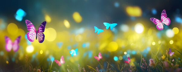 Beautiful meadow landscape with happy butterflies