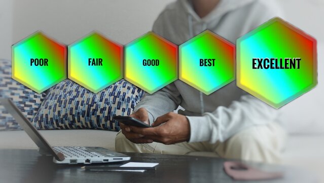 Business ratings poor, fair, best, excellent with stars, hexagon, circle representing customer satisfaction for stock photo business evaluation