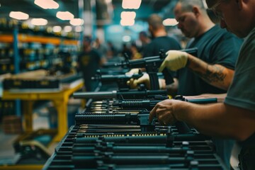 workers assembling firearms on the production line inside the factory
 - obrazy, fototapety, plakaty